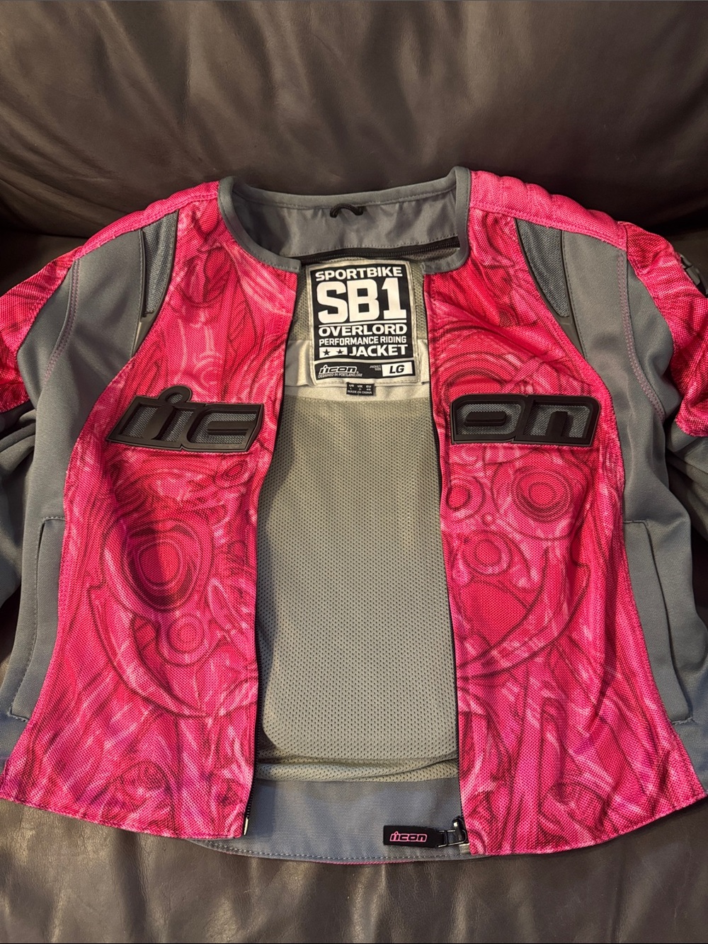 ICON SB1 Overlord Women's Pink & Gray Sportbike Jacket size Large, gently used